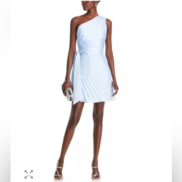Milly Estie Satin Pleated One-Shoulder Light Ice Blue Dress | 10 - Picture 1 of 9
